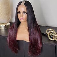 12inch Straight U Part Wig Human Hair 1B/99J Burgundy Ombre U Part Wig 150% Colored 4x1inch Small Leave Out Middle Part Wine Red Upart Wig Full Head Clip in Half Wig None Lace Wigs for Black Women