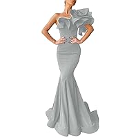 Women's One Shoulder Satin Prom Dresses Mermaid Long Evening Gown Ruffles Formal Party Dress