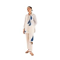 Women's Blended Linen Slub Collored Printed Two-Piece Outfits Ethnic Co-Ord Set (White & Blue) - NYLM_J5909