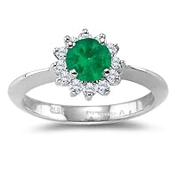 0.35-0.40 Cts Diamond & 0.41-0.74 Cts of 5.5 mm AA Round Natural Emerald Cluster Ring in 18K White Gold