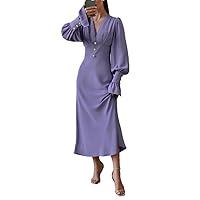 Woman's Lantern Sleeve Evening Dress V-Neck Long Dresses Office Ladies Ruched Button Midi Dress