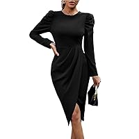 Elegant Dresses for Women Autumn Winter Casual Slim Sleeve Slit Dress Black Irregular in
