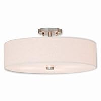Livex Lighting 52136-91 Meridian Collection 4-Light Semi Flush Mount Ceiling Fixture with Oatmeal Color Fabric Hardback Drum Shade and Satin White Diffuser, Brushed Nickel