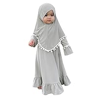 IMEKIS Baby Girls 2PCS Muslim Ramadan Abaya with Hijab Arab Tobes Long Sleeve With Pom-pom Full Cover Dress