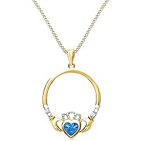 Created Heart Cut Blue Topaz 925 Sterling Silver 14K Gold Finish Diamond Claddagh Heart Pendant Necklace for Women's & Girl's