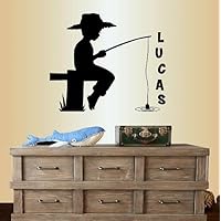Wall Vinyl Decal Home Decor Art Sticker Little Boy Fishing Customized Name Children Nursery Room Removable Stylish Mural Unique Design 2300