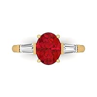 2.47ct Oval Baguette cut 3 stone Solitaire with Accent Simulated Red Ruby designer Statement Ring Solid 14k Yellow Gold