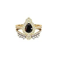 Pear Cut Black Onyx Engagement Ring Set, 1.00 CT Vintage Gold Halo Ring Set, 14K Solide Gold Ring for Adorable Girl, Moissanite Gold Rings