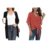 VIISHOW Women's Classic Draped Kimono Cardigans Long Sleeve Open Front Casual Knit Cardigan &Floral Tie Front Chiffon Blouses V Neck