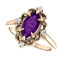 Vintage 3 CT Marquise Amethyst Engagement Ring 10K Rose Gold, Victorian Purple Amethyst Ring, Halo Filigree Natural Amethyst Diamond Ring Perfact for Gifts