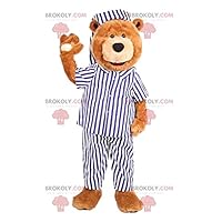 Bear REDBROKOLY Mascot with white and blue striped pajamas