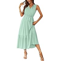 Womens Solid Color V-Neck Short Sleeve Dress Summer Empire Waist Blouses Dresses with Belt Elegant Casual Trendy