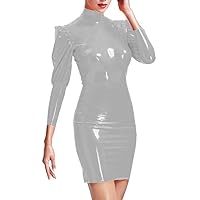 Elegant Turtleneck Bodycon Mini Dress Women Wetlook PVC Leather Nine-Quarter Sleeves Slim Fit Dress