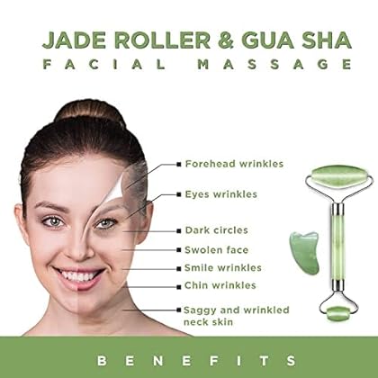 Jade Roller & Gua Sha Scraping Massage Tool By Truweo - Himalayan Anti-aging 100% Natural Facial Jade Stone Set - Face Eye Neck Beauty Roller For Slimming & Firming - Rejuvenate Skin & Remove Wrinkles