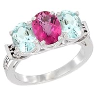 10K White Gold Natural Pink Topaz & Aquamarine Sides Ring 3-Stone Oval Diamond Accent, Sizes 5-10