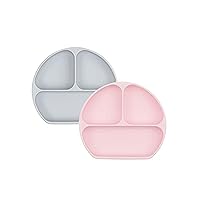 Bumkins Toddler and Baby Suction Plate, Silicone Divided Grip Dish for Babies and Kids, Baby Led Weaning, Children Feeding Supplies, Non Skid Bottom, Platinum Silicone, 6 Months Up, Gray and Pink