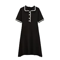 Summer Knitting Dress Women Slim Large Size Button Short Sleeve White/Black Solid Mini Dress