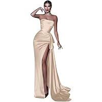 Women's Strapless Prom Dresses Mermaid Slit Formal Evening Party Dresses Pleated Satin Long Ball Gowns for Women