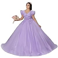 Women's Sweet 16 Flower Applique Quinceanera Dresses Cap Sleeves Tulle Ball Gowns