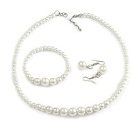 Avalaya White Faux Pearl Bead Necklace/Stretch Bracelet/Drop Earrings Set - 44cm L/ 4cm Ext