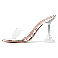 Vertundy Women's Clear Heeled Sandals Transparent Square Toe Mules Martini Stilettos Heels High Slip on Slipper