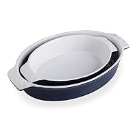 Sweejar Ceramic Au Gratin Dishes, Oval Baking Pan Set, Non-Stick Roasting Pan with Handles, Serving Casserole Dishes for Oven, Lasagna, 13.8 x 8.7 Inches, Set of 2 (Navy)