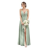 a line Spaghetti Straps Ruched Chiffon Bridemaid Dresses Blackless Women's Formal Dress with Side Split