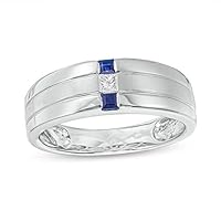 The Diamond Deal 10k SOLID White Gold Mens Sqaure Shaped 3- Stone Diamond And Sapphire Or Blue Diamond Wedding Band Ring