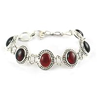 NOVICA Handmade Garnet Link Bracelet Artisan Crafted .925 Sterling Silver Jewelry from India Red Birthstone [7 in min L x 7.75 in max L x 0.6 in W] 'Crimson Garland'