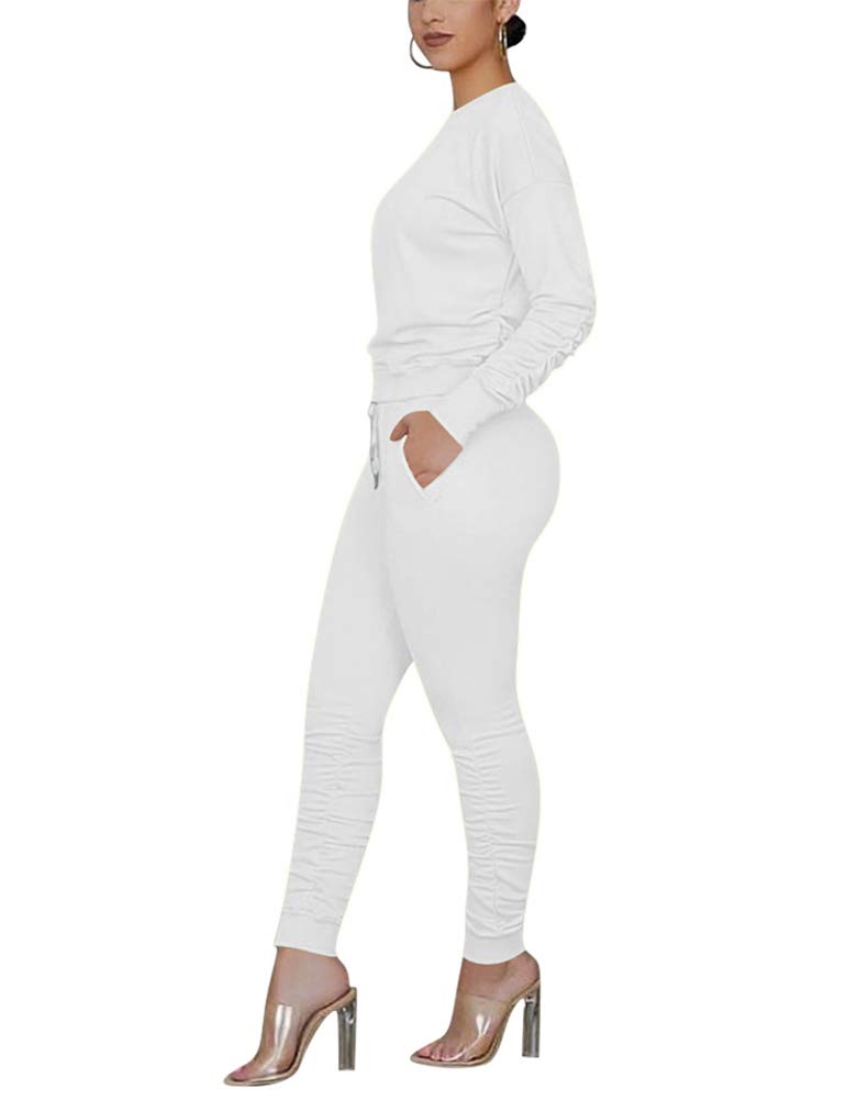THLAI women solid color 2 piece outfits fall crew neck pullover top long pants set Tracksuit