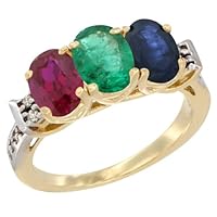 Silver City Jewelry 10K Yellow Gold Enhanced Ruby, Natural Emerald & Blue Sapphire Ring 3-Stone Oval 7x5 mm Diamond Accent, Sizes 5-10