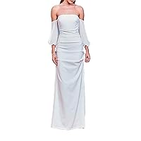Nicole Miller White Techy Crepe Pleated Sleeve Ruched Gown, US 6