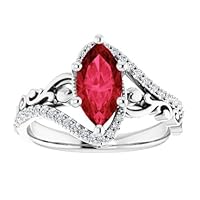 18K Sculptural Marquise Ruby Ring 1.5 CT Rose Gold, Scroll Red Ruby Ring, Art Deco Ruby Diamond Ring, Vintage Ring, July Birthstone Ring