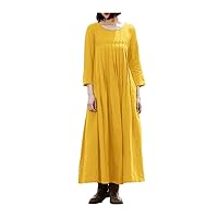 Women Holiday Long Dress 3/4 Sleeve Solid Retro Sundress Casual Loose Pleating Dress Round Neck Dress
