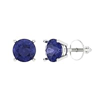 Clara Pucci 1.0 ct Round Cut Solitaire Genuine Simulated Blue Tanzanite Pair of Designer Stud Earrings Solid 14k White Gold Screw Back