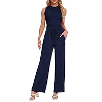 Tanou Women's Casual 2 Piece Outfits Crew Neck Sleeveless Top Elastic Waist Wide Leg Pants Ribbed Knitted Sets