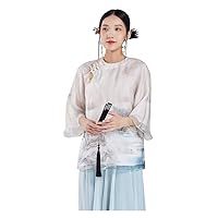 Women's Silk Organza Ink Painting Print Dress Oblique Placket Blouse Connect Shoulder Sleeve 125