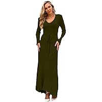 RanRui Womens Winter Fall Pleated Knitted Fit and Flare Long Sleeve Sweater Dress