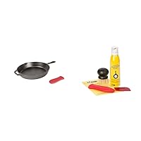 Lodge Cast Iron Skillet with Red Silicone Hot Handle Holder, 12-inch & Seasoned Cast Iron Care Kit