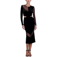 BCBGMAXAZRIA Women's Long Sleeve Fitted Midi Cocktail Dress Round Neck Lace Trim Side Cut Outs