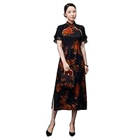 Mulberry Silk Black Dress Peony Print Qipao 2663