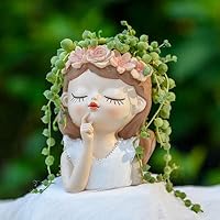 Cute Head Planter Pot Resin Succulent Planter Little Girl Flower Pot, Human Face Cactus Plants Container Bonsai Holder Thumb Pot Fairy Figurine Statue Planters with Drainage Decor Gift (Thinking Girl)