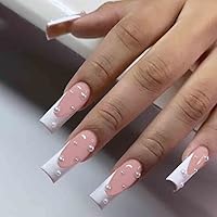 24pcs Pink Fake Nails Square Pearl Glossy Press on Nail Long False Tips French Artificial Finger Manicure for Women and Girls