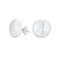 Baroque Irregular Round Coin Shaped Bridal White Biwa Coin Freshwater Cultured Pearl Stud Earrings For Women .925 Sterling Silver