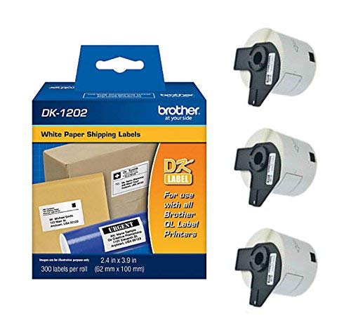 Brother Genuine DK-1202 3-Pack Die-Cut White Paper Shipping Labels for QL Printers, 2.4" x 3.9" (62mm x 100mm) Individual Label Size, 900 T...