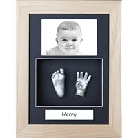 New Baby Handprint Footprint Casting Kit Solid Oak Photo Display Frame/Black 3 hole Portrait mount/Metallic Silver Paint by BabyRice