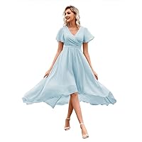 Bridesmaid Dresses Pleated High Low Formal Evening Dress V Neck Short Sleeve Formal Dress with Pockets