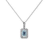 Emerald Cut Aquamarine & Natural Diamond 3/4 ctw Women Halo Pendant Necklace. Included 18 Inches Chain 14K Gold