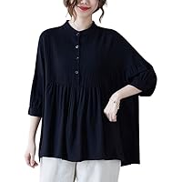 Women's Loose V Neck Button Down Tops Pleated Casual Blouses