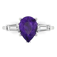Clara Pucci 2.44ct Pear Baguette cut 3 stone Solitaire Natural Amethyst Proposal Designer Wedding Anniversary Bridal ring 14k White Gold